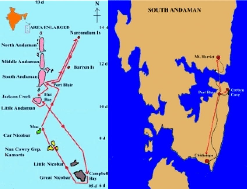 Andaman Nicobar Island showing our survey route